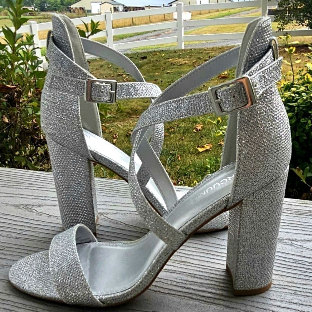 silver glitter chunk heel pump sandals size 8 new no box - Picture 2 of 15